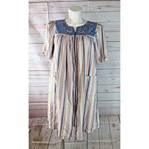 Go Softly Patio House Dress Full Zip Robe Womens Med Embroidery Butterfly Stripe